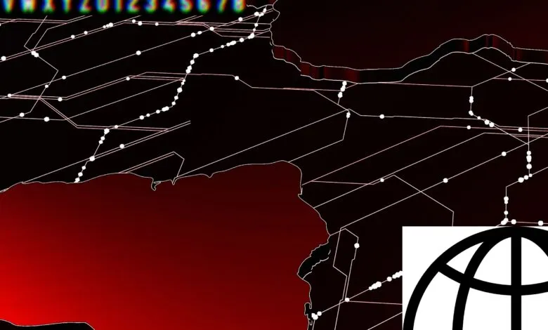 Abstract network map with data points and globe icon.