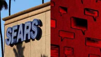 Sears store sign juxtaposed with digital chat bubbles and binary code.