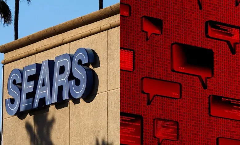 Sears store sign juxtaposed with digital chat bubbles and binary code.