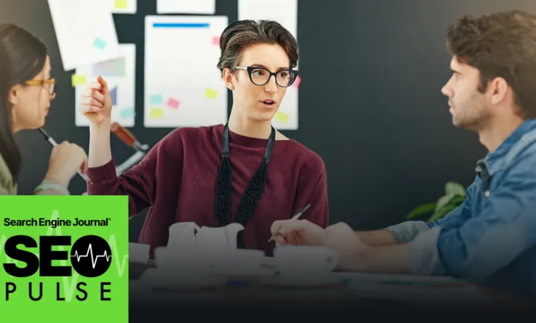 Team members collaborate on SEO strategy in a modern office setting.