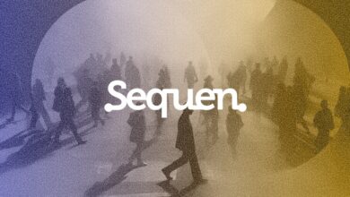 Sequen logo overlayed on blurred crowd, gradient background.
