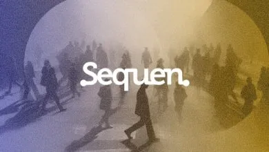 Sequen logo overlayed on blurred crowd, gradient background.