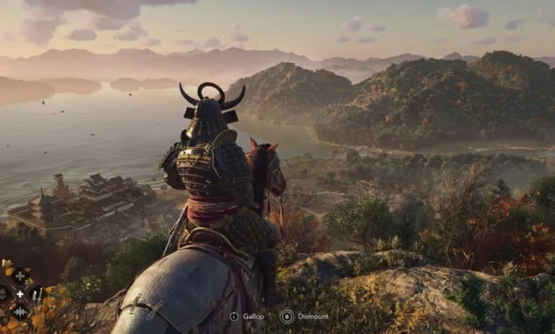 Samurai on horseback surveys a vast landscape with mountains and a coastal city.