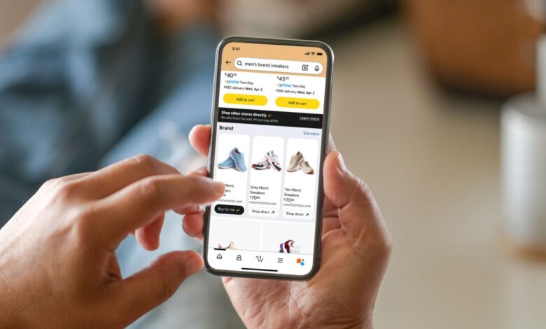 Person shopping for men's sneakers on a smartphone app.
