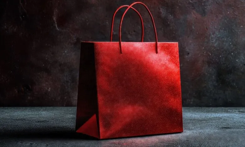 A shiny red shopping bag with handles sits on a dark textured surface.