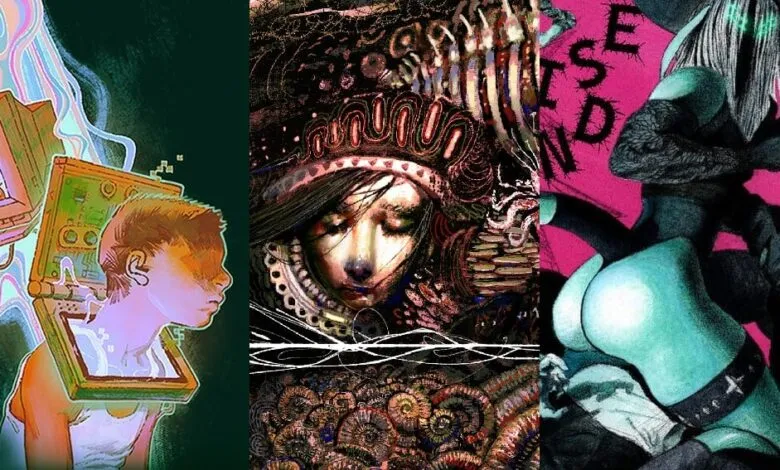 Triptych of surreal digital art featuring a person, a face, and a figure.