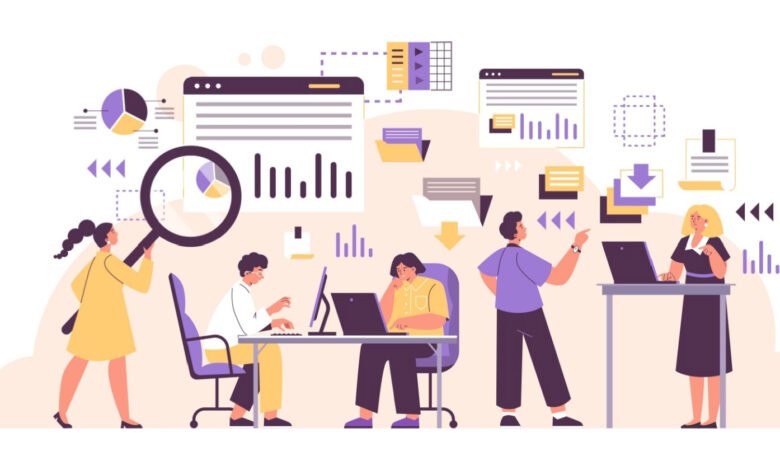 Team analyzes data with charts, graphs, and magnifying glass.