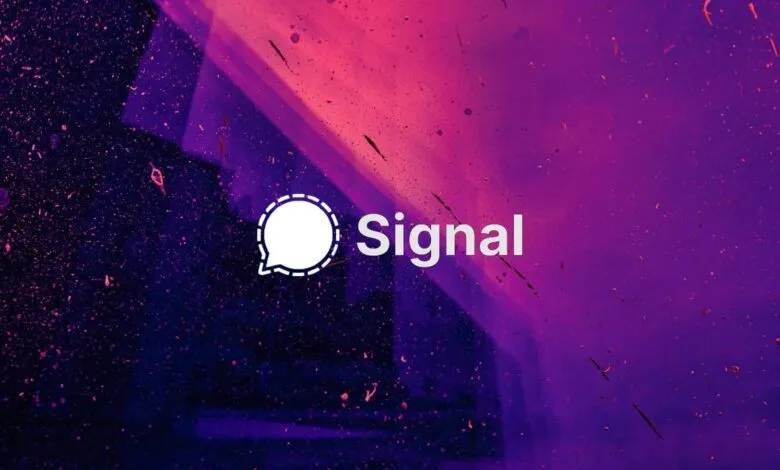 Signal app logo on a purple and pink textured background.