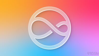 Abstract white infinity symbol inside a circle on colorful gradient background.
