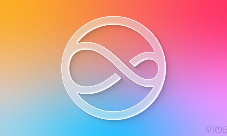 Abstract white infinity symbol inside a circle on colorful gradient background.