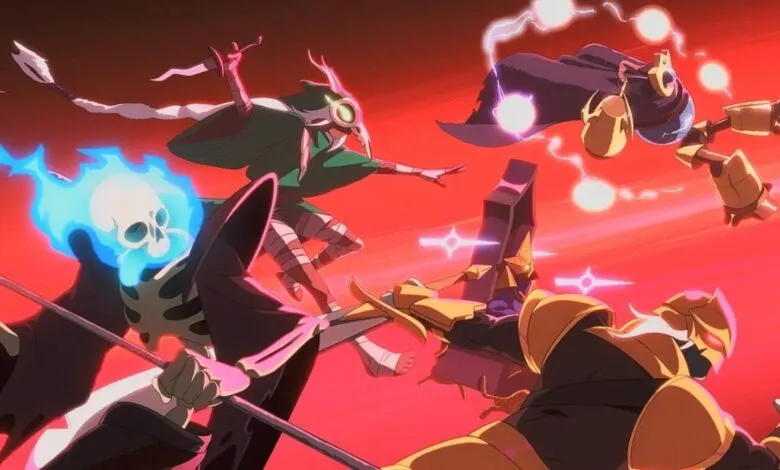 Slay the Spire characters in dynamic battle scene with red background.