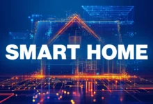 Digital smart home concept with glowing lines and house outline.