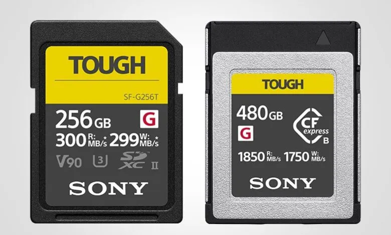 Two Sony Tough memory cards, 256GB SD card and 480GB CFexpress card.