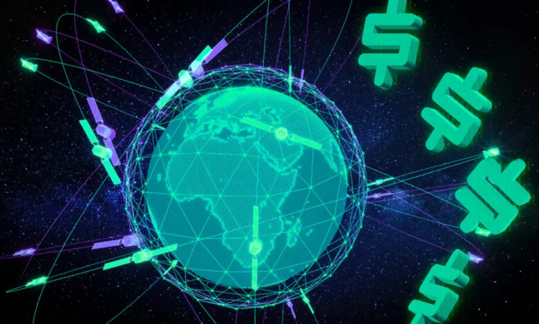Digital globe surrounded by satellites and dollar signs against a starry background.