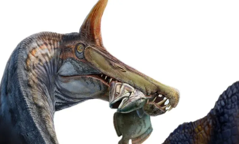 Spinosaurus with fish in its mouth, detailed illustration.