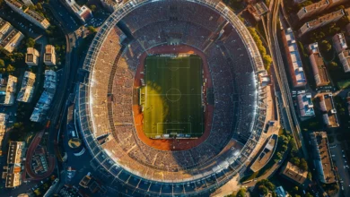 Aerial view of a packed soccer stadium surrounded by city buildings and roads.
