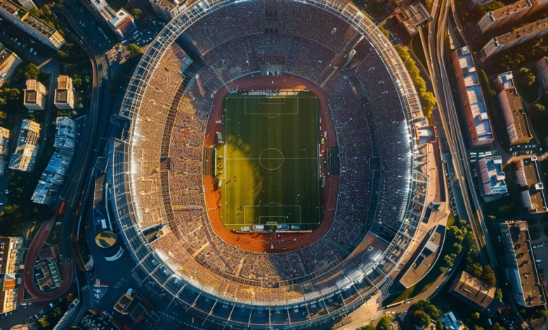 Aerial view of a packed soccer stadium surrounded by city buildings and roads.