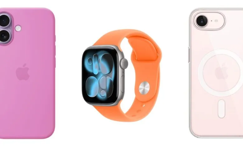 Apple devices: pink iPhone case, orange Apple Watch, clear iPhone case.