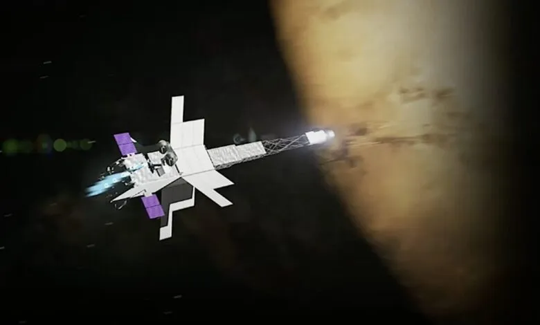 Futuristic spacecraft with solar panels and engine firing near a planet.