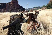 Two figures clash in a field, one with a sword, the other with a bow.