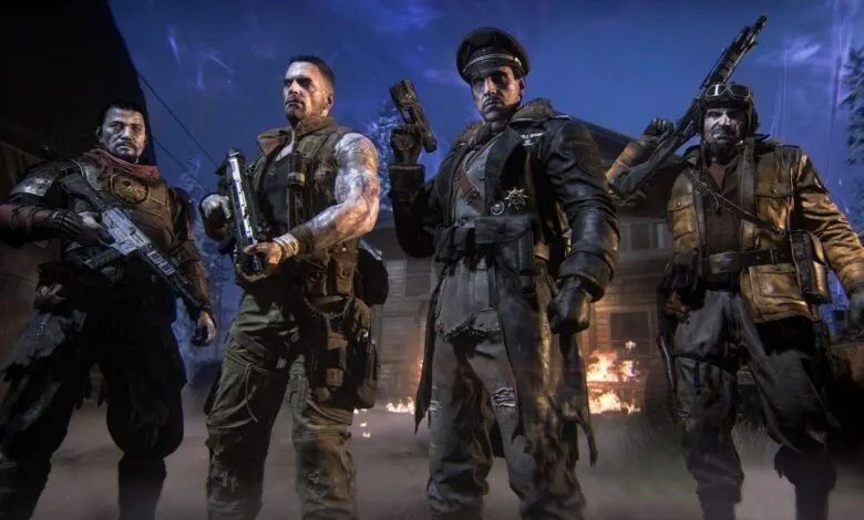 Four armed characters stand ready against a fiery, otherworldly backdrop.