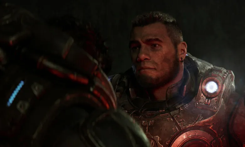 Marcus Fenix in Gears of War, looking intently at another character.