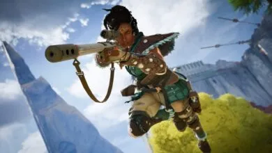 Bangalore from Apex Legends aims a sniper rifle in mid-air.