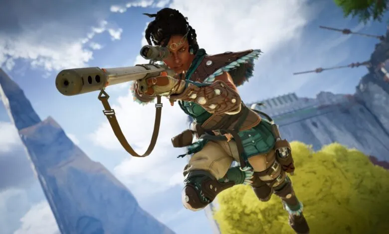 Bangalore from Apex Legends aims a sniper rifle in mid-air.