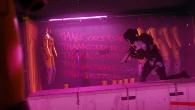 Figure in tactical gear kneels in room with hazmat suits and graffiti.