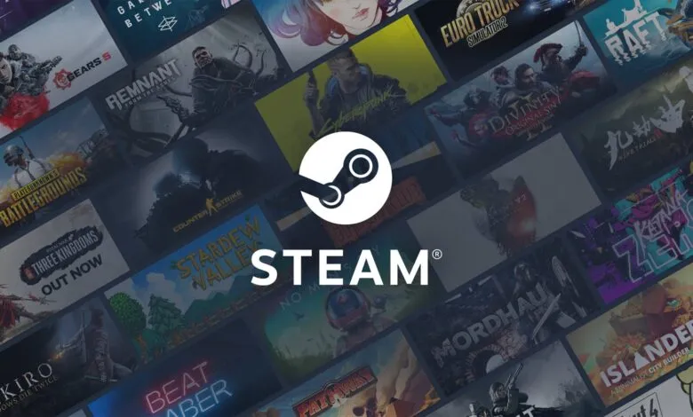 Steam game library featuring various game titles and the Steam logo.
