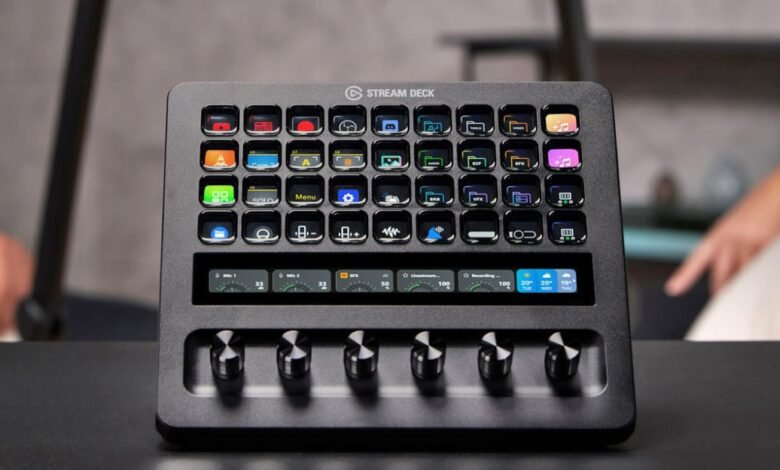 Elgato Stream Deck Plus XL with customizable LCD keys and dials.