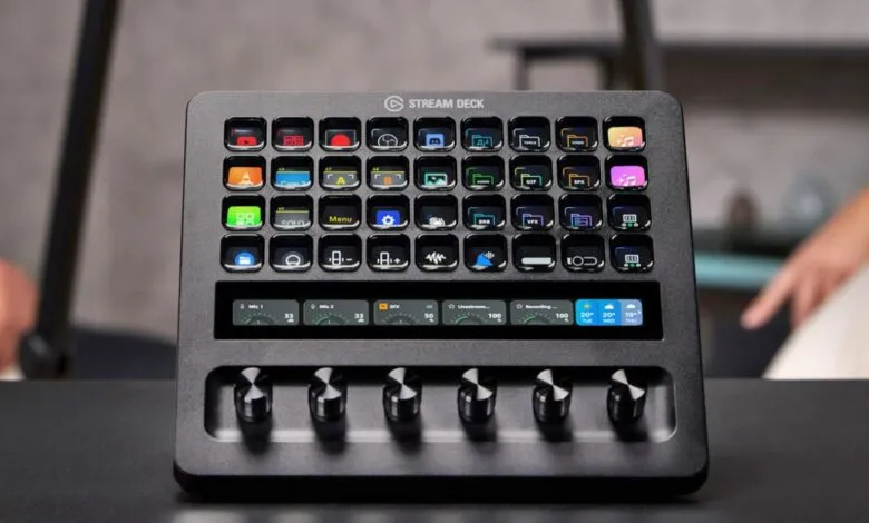 Elgato Stream Deck Plus XL with customizable LCD keys and dials.