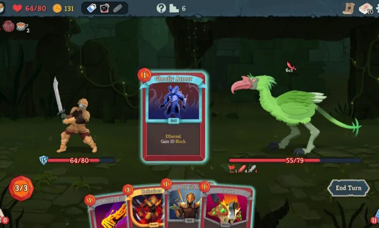 Slay the Spire gameplay showing Ironclad character facing a green bird enemy.