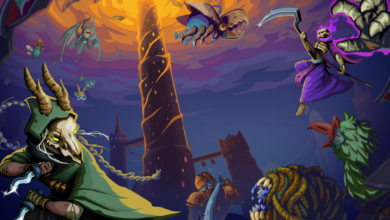 Fantasy scene with characters, tower, and monsters in a stylized, colorful illustration.