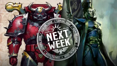 Warhammer 40K Chaos Marine and Eldar models, 'Next Week' preview.
