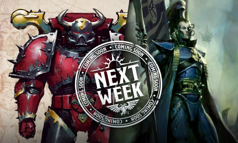 Warhammer 40K Chaos Marine and Eldar models, 'Next Week' preview.