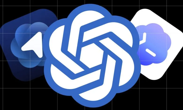 Logos of OpenAI, Telegram, and Truecaller against a black grid background.