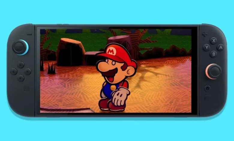Nintendo Switch displaying Paper Mario game with Mario character.