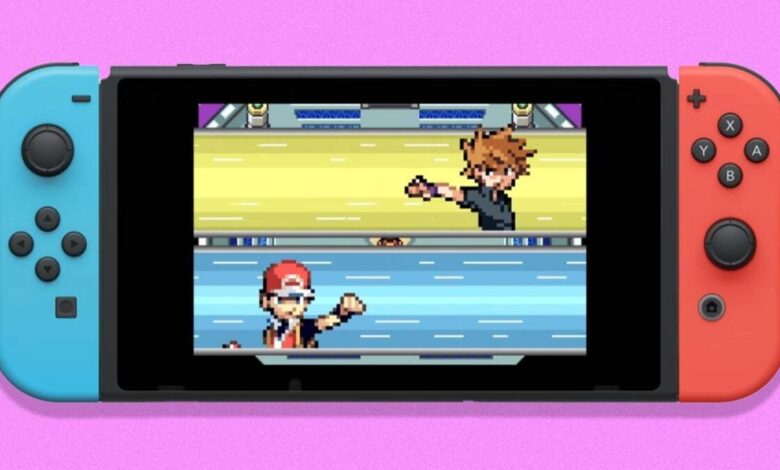 Nintendo Switch displays a classic Pokémon battle scene on a pink background.
