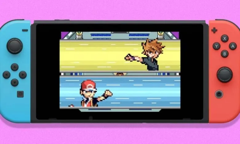 Nintendo Switch displays a classic Pokémon battle scene on a pink background.