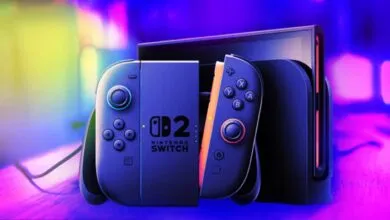 Nintendo Switch 2 console with controllers attached in dock.