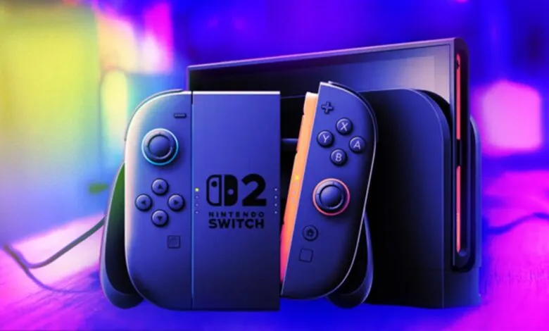 Nintendo Switch 2 console with controllers attached in dock.