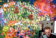 Streamer plays a chaotic tower defense game with pixelated graphics.
