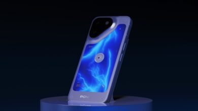 Tecno Pova Neon phone on a blue stand, screen displays blue lightning.