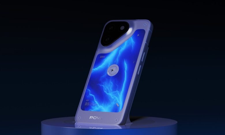 Tecno Pova Neon phone on a blue stand, screen displays blue lightning.