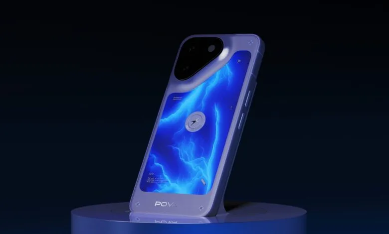Tecno Pova Neon phone on a blue stand, screen displays blue lightning.