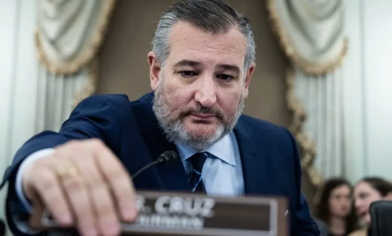Ted Cruz at Senate hearing, looking down at his nameplate.