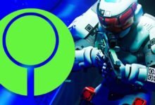A futuristic soldier in white armor holds a weapon, with a green and blue logo overlay.