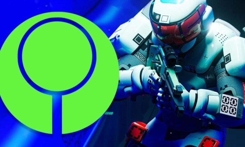 A futuristic soldier in white armor holds a weapon, with a green and blue logo overlay.