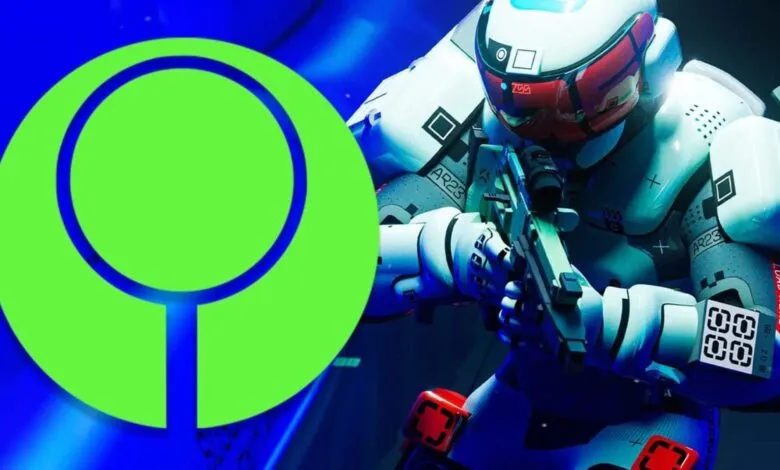 A futuristic soldier in white armor holds a weapon, with a green and blue logo overlay.